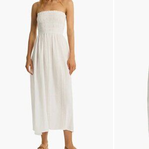 Faherty Strapless White Smocked Cover Up Dress - Size: Small